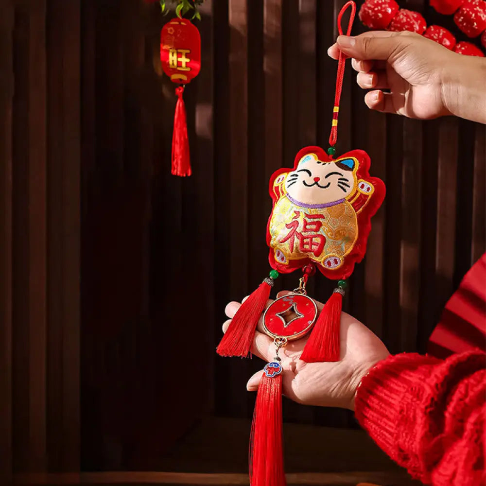 Buddha Stones Embroidery Year Of The Horse Fu Character Copper Coin Shape Red String Hanging Decoration - Cat Fu