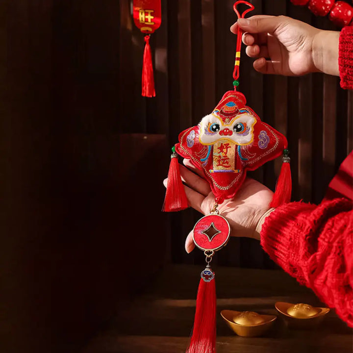 Buddha Stones Embroidery Year Of The Horse Fu Character Copper Coin Shape Red String Hanging Decoration - Lion Good