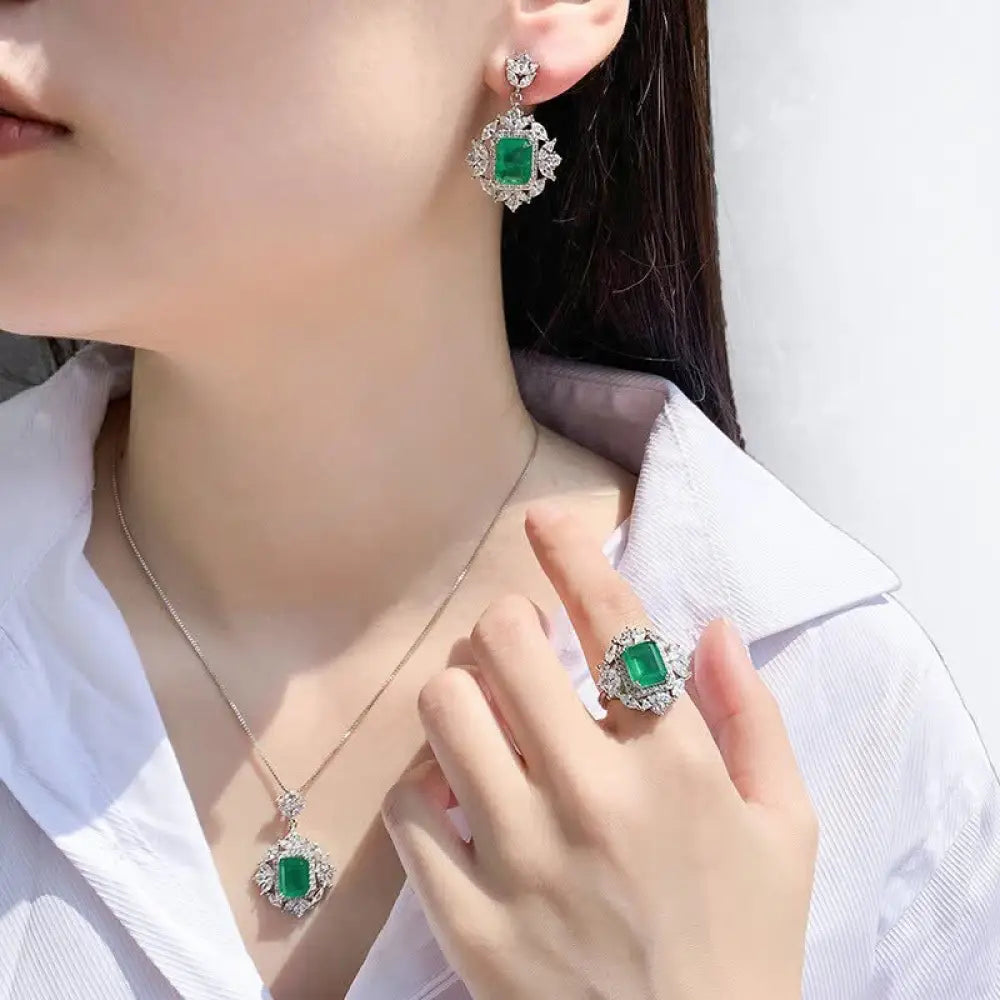 Buddha Stones Emerald Crystal Red Corundum Confidence Courage Ring Earrings Necklace Pendant - BWOOOH - Green Set