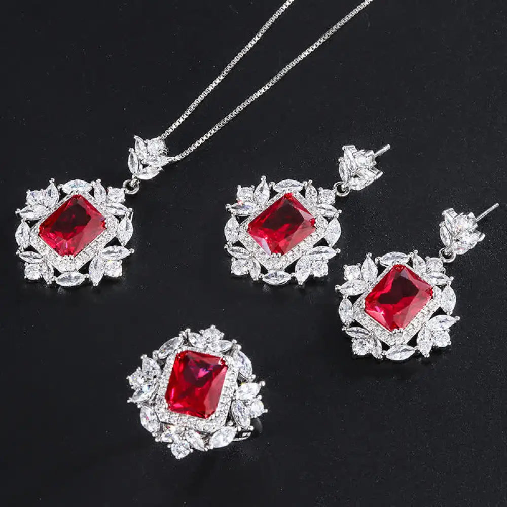 Buddha Stones Emerald Crystal Red Corundum Confidence Courage Ring Earrings Necklace Pendant - BWOOOH - Red Set / (Ring