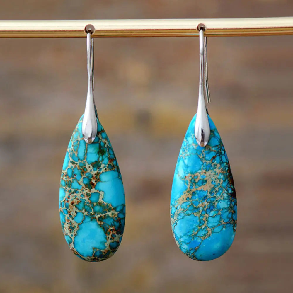 Buddha Stones Emperor Stone Crystal Happiness Earrings - Blue Emperor Stone 5.5*1.6cm - Earrings