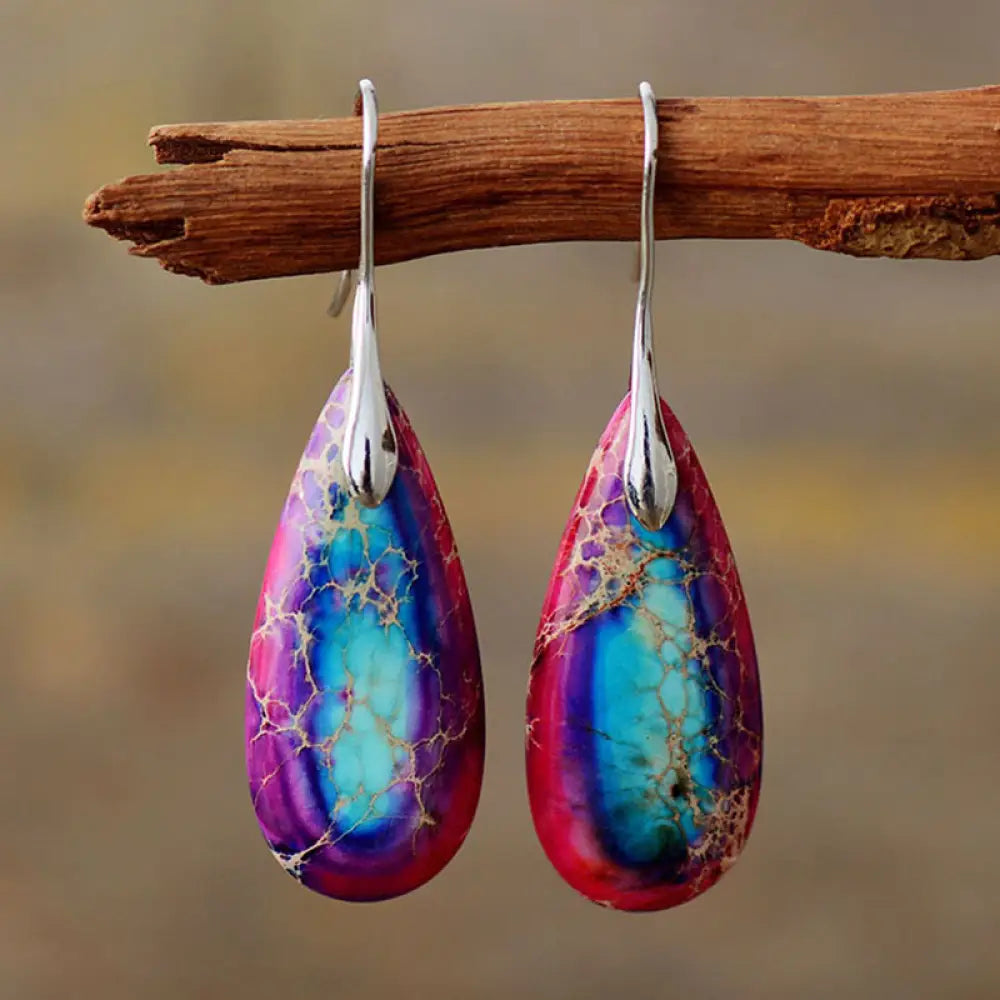 Buddha Stones Emperor Stone Crystal Happiness Earrings - Purple Emperor Stone 5.5*1.6cm - Earrings