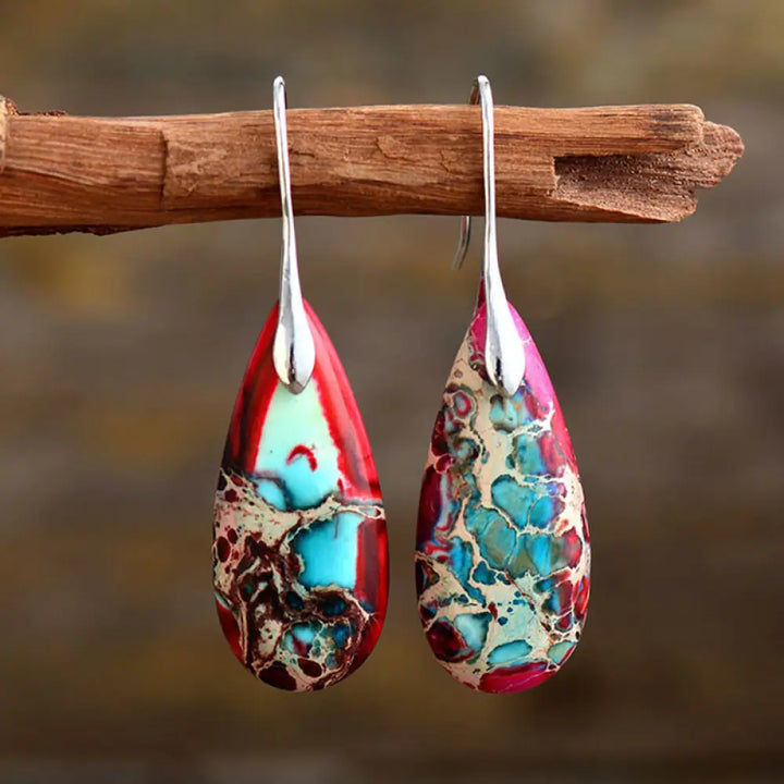 Buddha Stones Emperor Stone Crystal Happiness Earrings - Red Emperor Stone 5.5*1.6cm - Earrings
