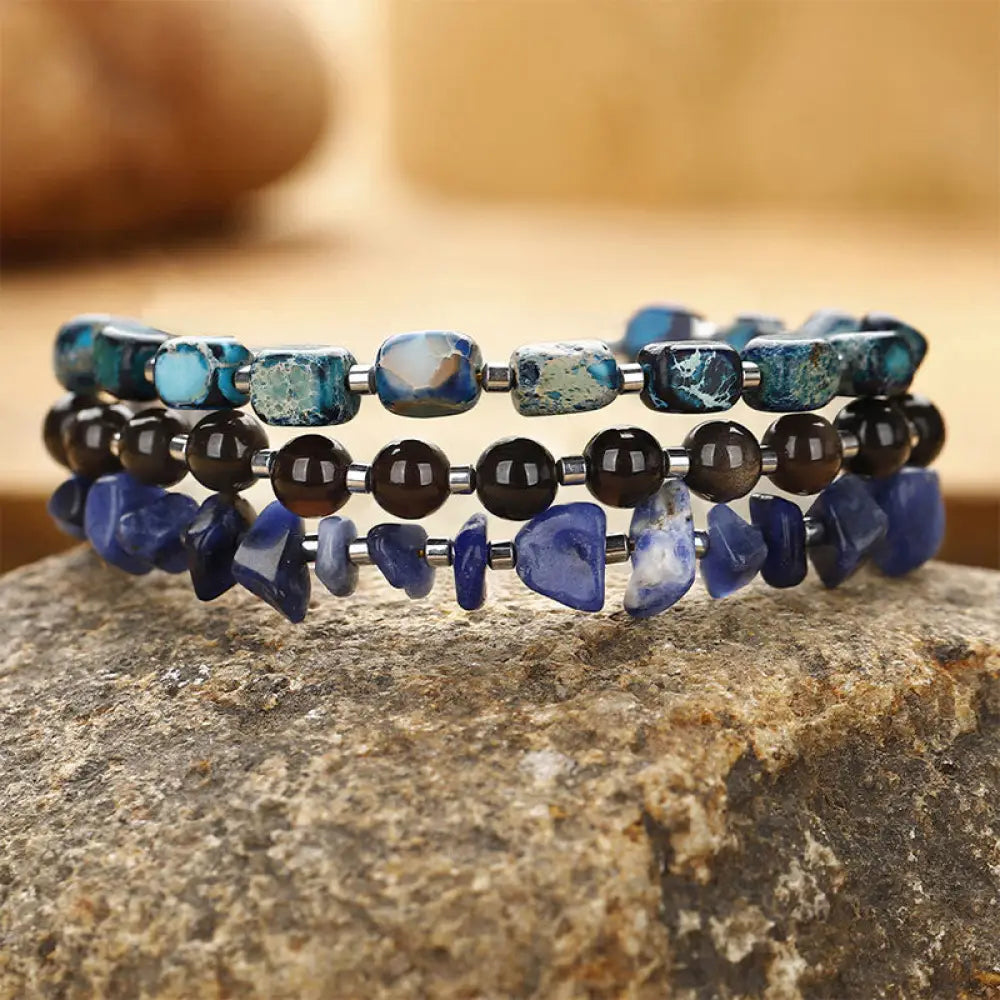 BWOOOH Emperor Stone Sodalite Gold Sheen Obsidian Balance Triple Wrap Bracelet - BWOOOH - Emperor Stone Sodalite