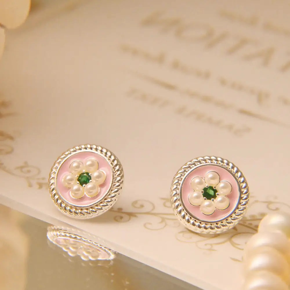 Buddha Stones Enamel Flower Luck Earrings - Pink - Earrings