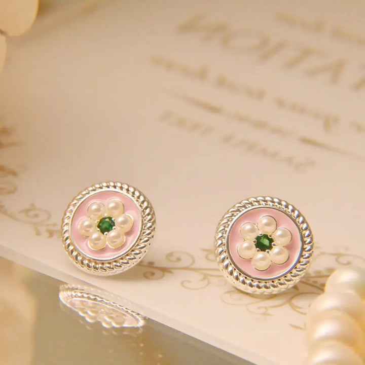 Buddha Stones Enamel Flower Luck Earrings - Pink - Earrings