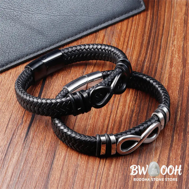 Buddha Stones Endless Knot Design Titanium Steel Strengthen Braided Leather Buckle Bracelet - BWOOOH - Bracelet