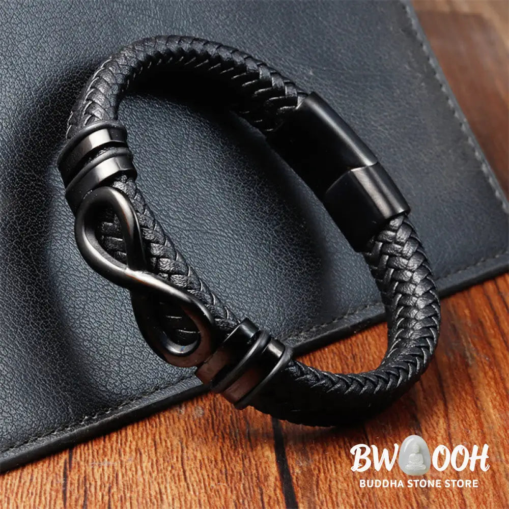 Buddha Stones Endless Knot Design Titanium Steel Strengthen Braided Leather Buckle Bracelet - BWOOOH - Bracelet