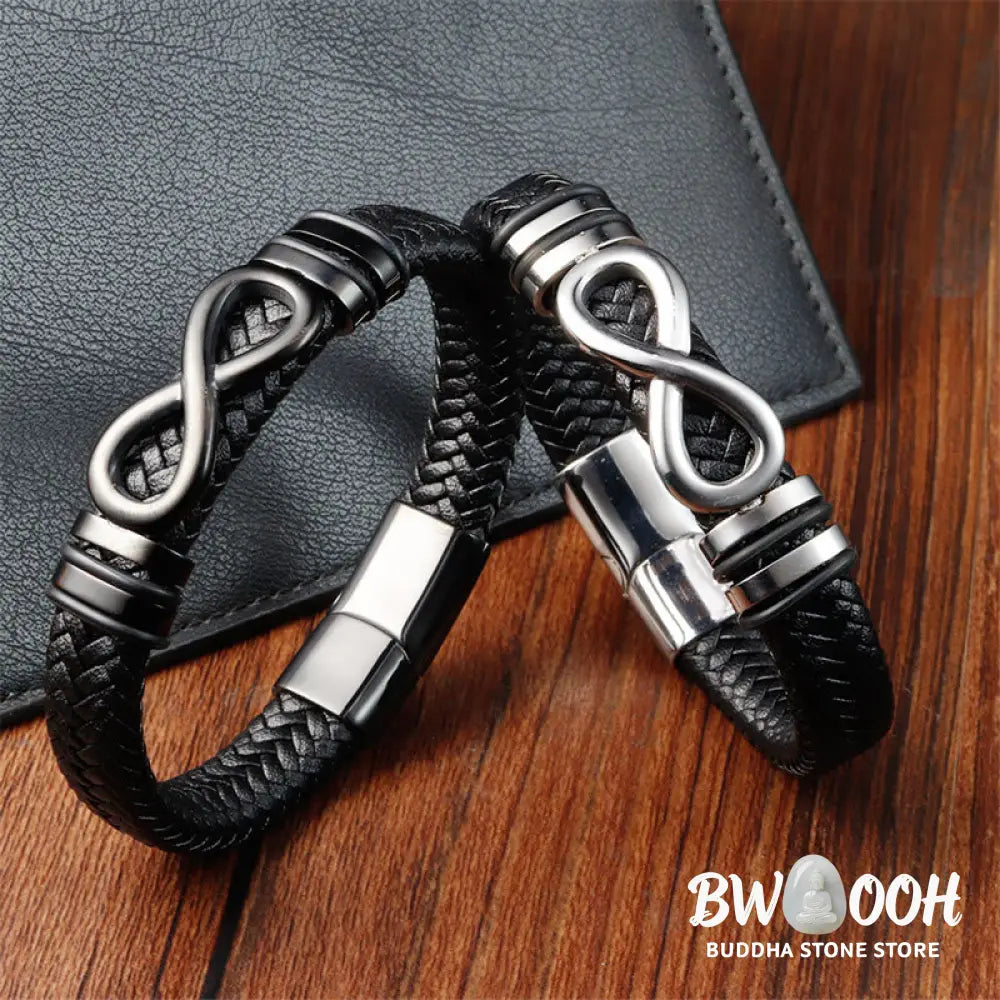 Buddha Stones Endless Knot Design Titanium Steel Strengthen Braided Leather Buckle Bracelet - BWOOOH - Bracelet