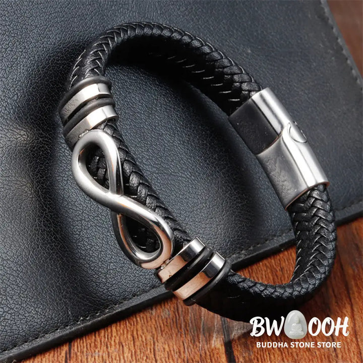 Buddha Stones Endless Knot Design Titanium Steel Strengthen Braided Leather Buckle Bracelet - BWOOOH - Bracelet