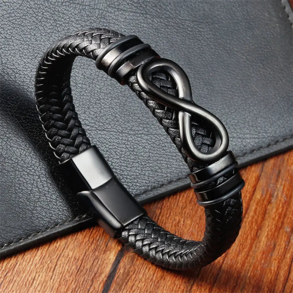 Buddha Stones Endless Knot Design Titanium Steel Strengthen Braided Leather Buckle Bracelet - BWOOOH - Black(Wrist