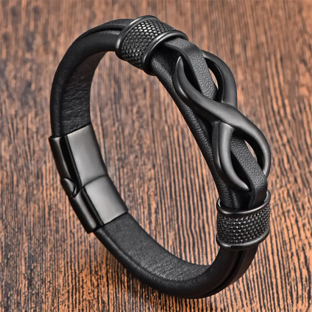 BWOOOH Endless Knot Infinity Symbol Design Titanium Steel Balance Leather Buckle Bracelet - BWOOOH - Black(Wrist