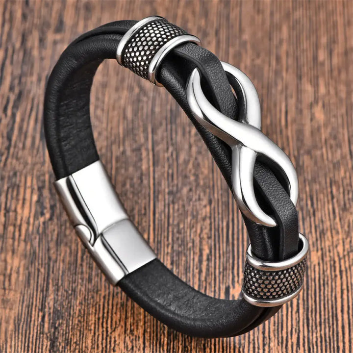 Buddha Stones Endless Knot Infinity Symbol Design Titanium Steel Balance Leather Buckle Bracelet - BWOOOH