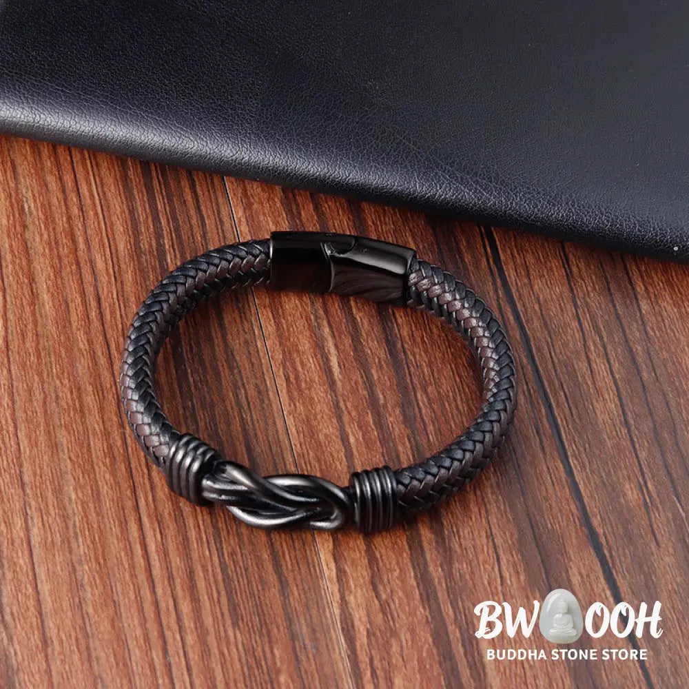 Buddha Stones Endless Knot Pattern Titanium Steel Balance Leather Buckle Bracelet - BWOOOH - Bracelet