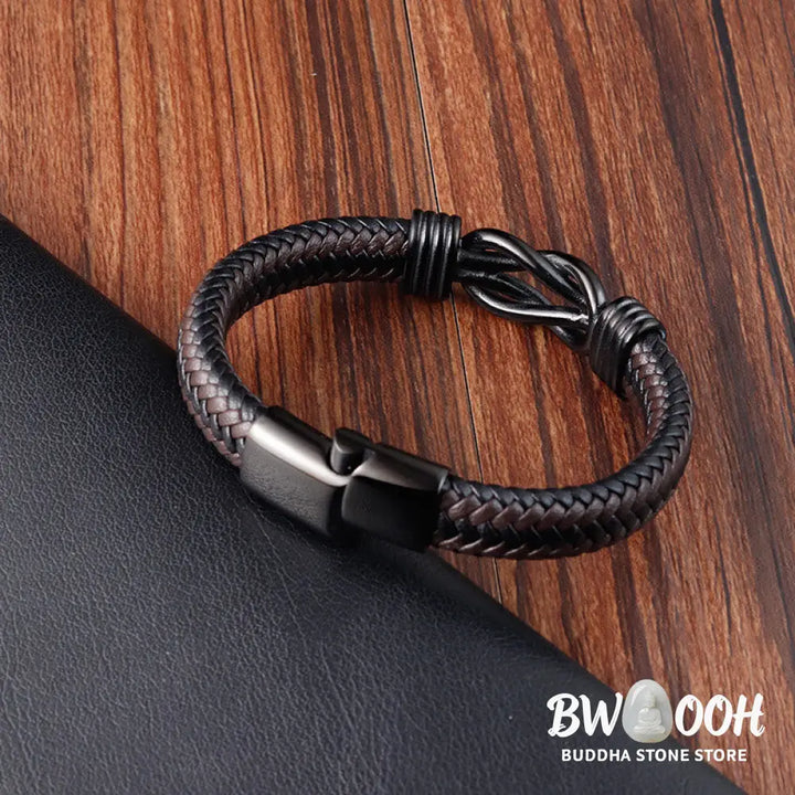 Buddha Stones Endless Knot Pattern Titanium Steel Balance Leather Buckle Bracelet - BWOOOH - Bracelet