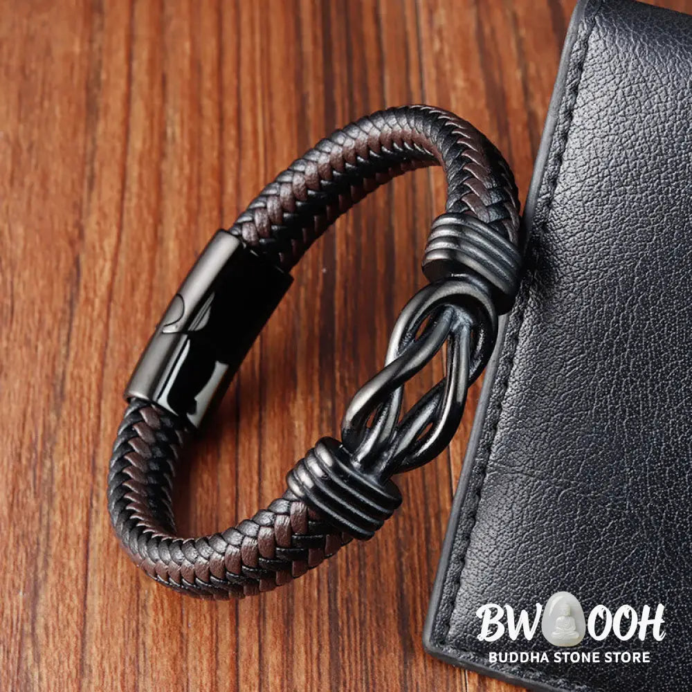 Buddha Stones Endless Knot Pattern Titanium Steel Balance Leather Buckle Bracelet - BWOOOH - Bracelet