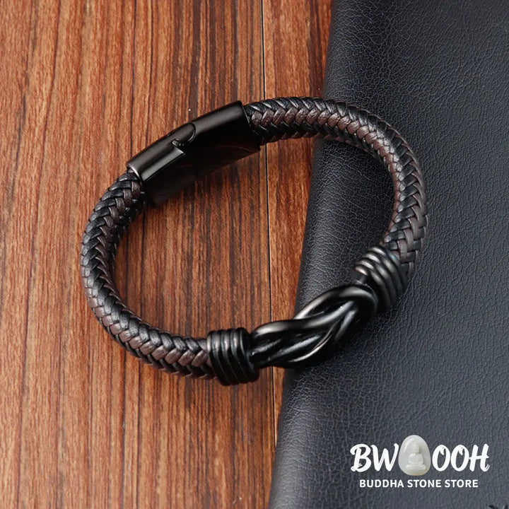 Buddha Stones Endless Knot Pattern Titanium Steel Balance Leather Buckle Bracelet - BWOOOH - Bracelet