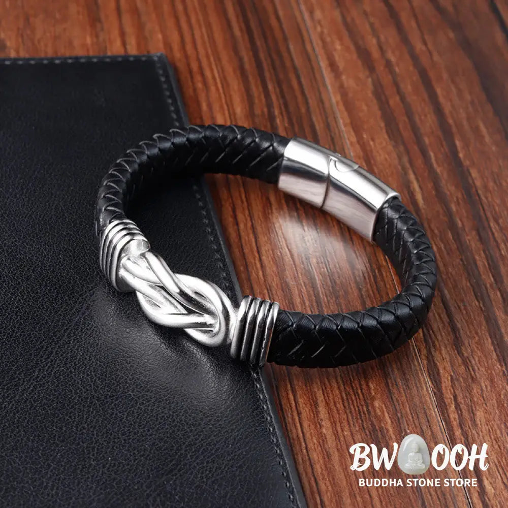 Buddha Stones Endless Knot Pattern Titanium Steel Balance Leather Buckle Bracelet - BWOOOH - Bracelet