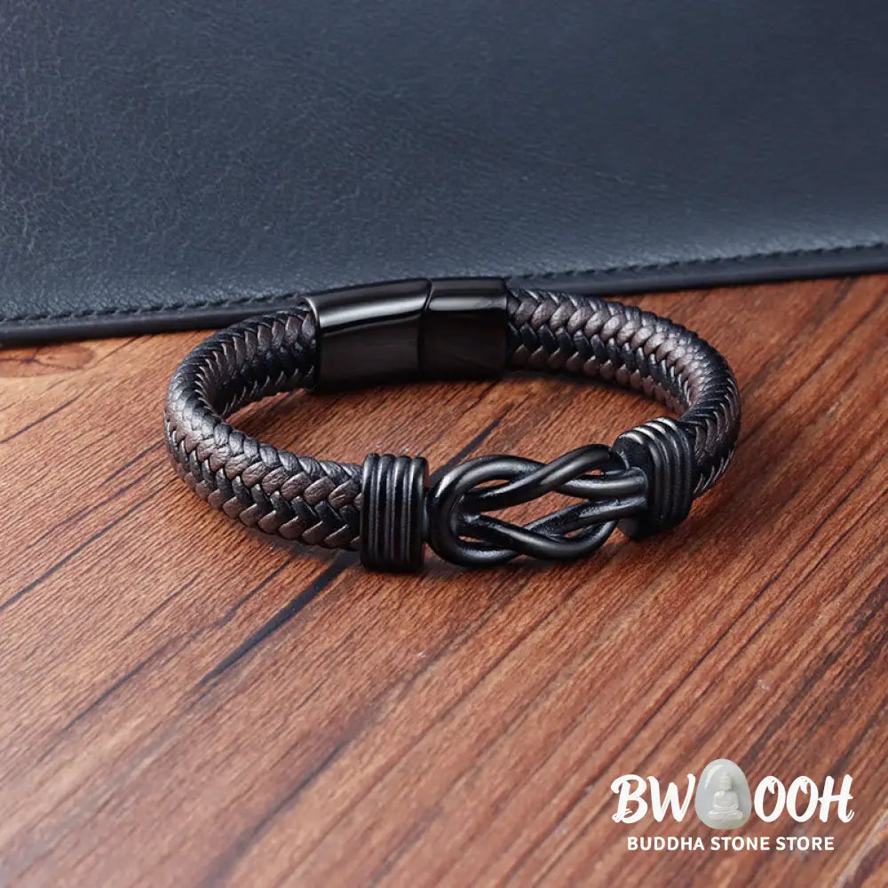 Buddha Stones Endless Knot Pattern Titanium Steel Balance Leather Buckle Bracelet - BWOOOH - Bracelet