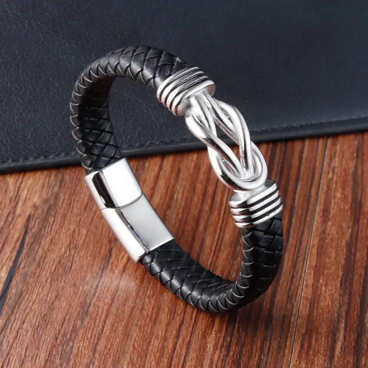 Buddha Stones Endless Knot Pattern Titanium Steel Balance Leather Buckle Bracelet - BWOOOH - Silver(Wrist