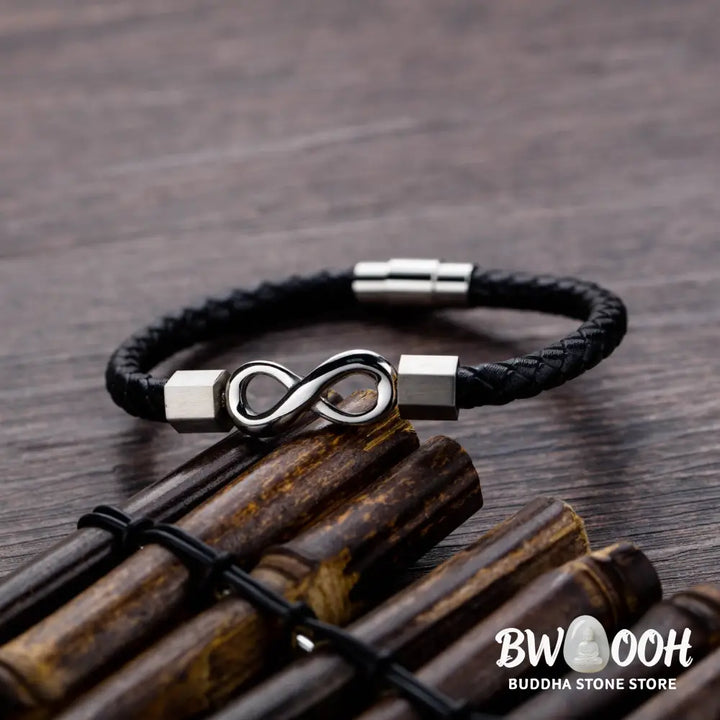 Buddha Stones Endless Knot Titanium Steel Infinity Leather Weave Balance Bracelet - BWOOOH - Bracelet