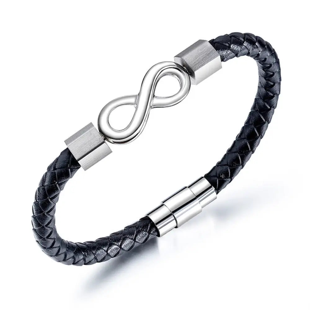 Buddha Stones Endless Knot Titanium Steel Infinity Leather Weave Balance Bracelet - BWOOOH - Silver Endless Knot