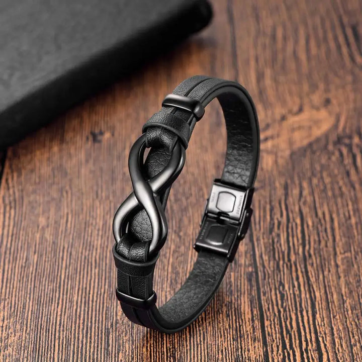 Buddha Stones Endless Knot Titanium Steel Strengthen Leather Buckle Bracelet - BWOOOH - Black(Wrist Circumference:
