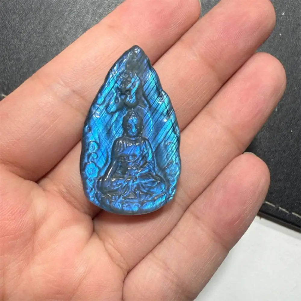 Buddha Stones Engraving Buddha Natural Labradorite Teardrop Shape Figurine Cure Statue Home Decoration - Blue Buddha