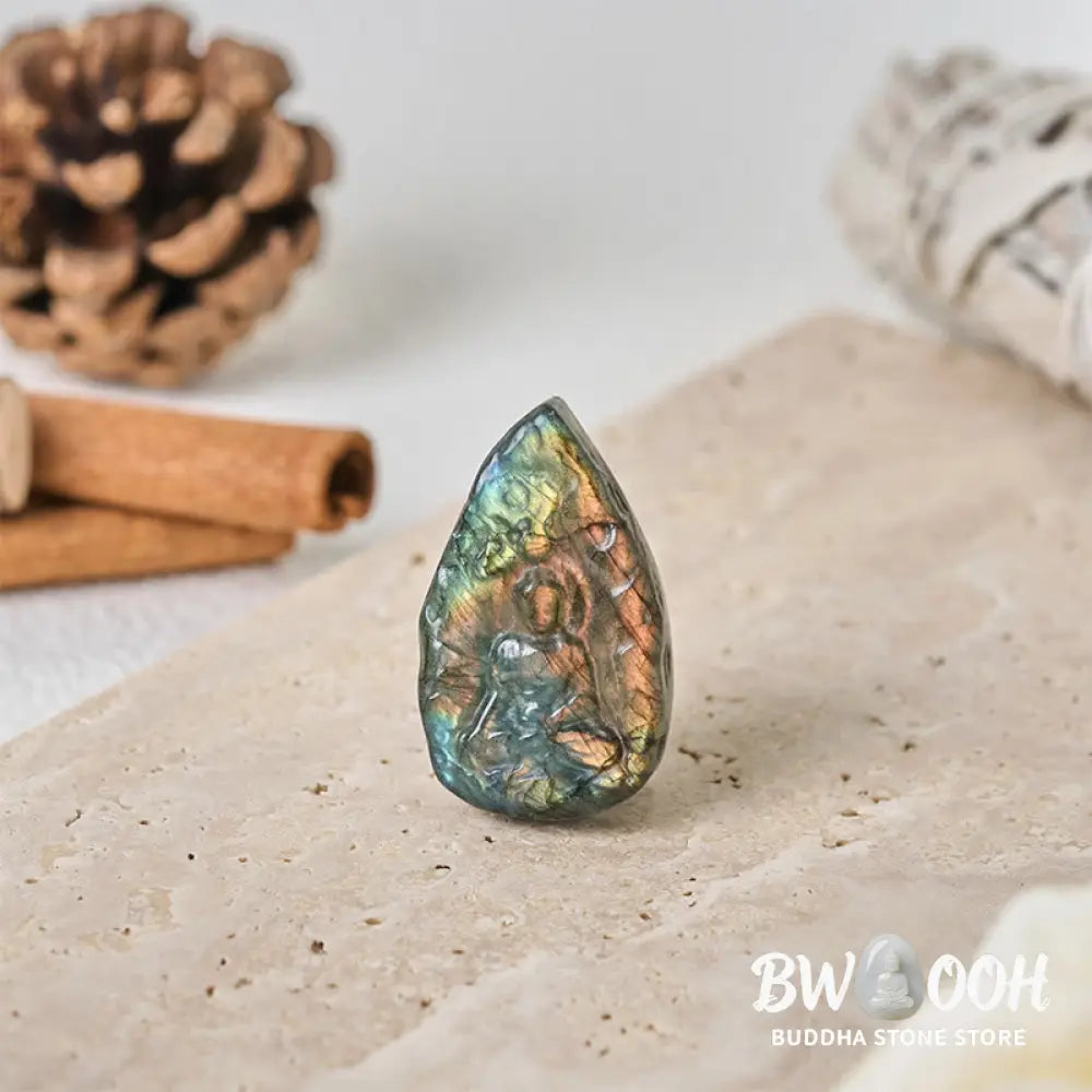 Buddha Stones Engraving Buddha Natural Labradorite Teardrop Shape Figurine Cure Statue Home Decoration - Decorations