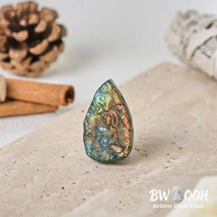 Buddha Stones Engraving Buddha Natural Labradorite Teardrop Shape Figurine Cure Statue Home Decoration - Decorations
