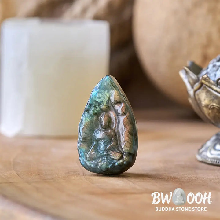Buddha Stones Engraving Buddha Natural Labradorite Teardrop Shape Figurine Cure Statue Home Decoration - Decorations