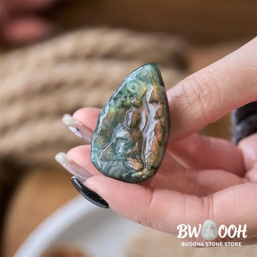 Buddha Stones Engraving Buddha Natural Labradorite Teardrop Shape Figurine Cure Statue Home Decoration - Decorations
