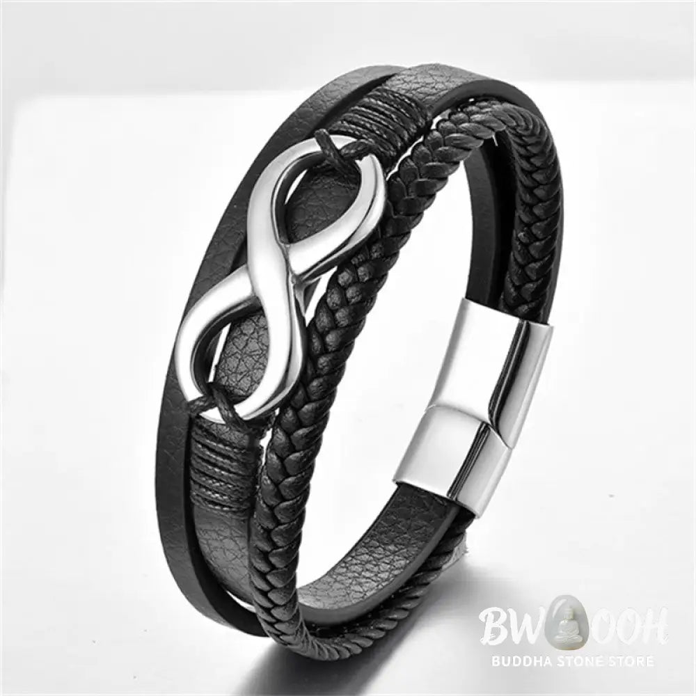 Buddha Stones Eternal Endless Knot Infinity Symbol Titanium Steel Calm Leather Buckle Bracelet - BWOOOH - Silver(Wrist