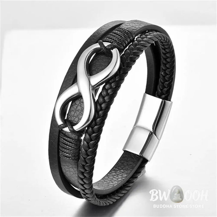 Buddha Stones Eternal Endless Knot Infinity Symbol Titanium Steel Calm Leather Buckle Bracelet - BWOOOH - Silver(Wrist
