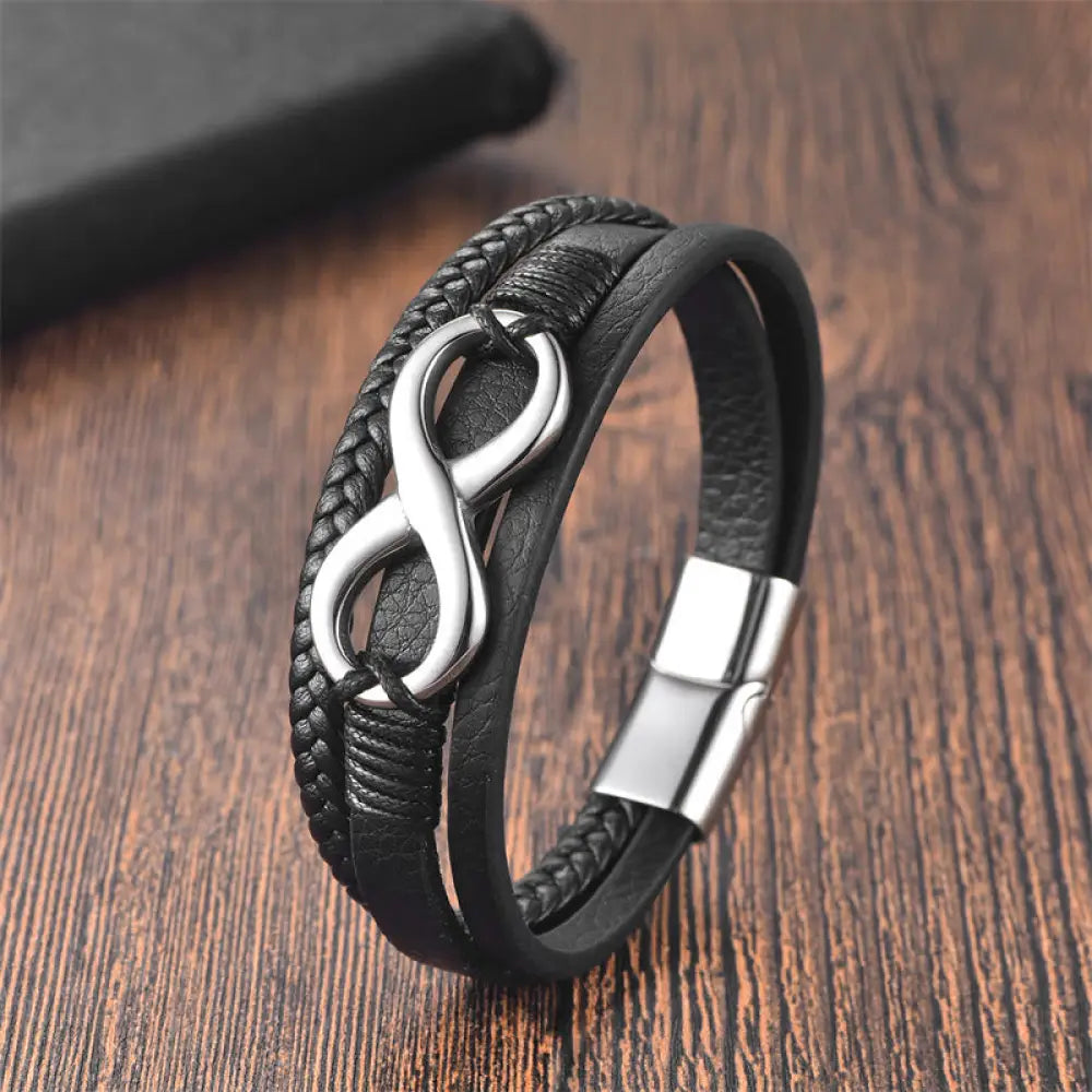 BWOOOH Eternal Endless Knot Infinity Symbol Titanium Steel Calm Leather Buckle Bracelet - BWOOOH - Silver(Wrist