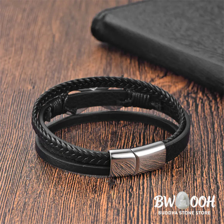 Buddha Stones Eternal Endless Knot Infinity Symbol Titanium Steel Calm Leather Buckle Bracelet - BWOOOH - Silver(Wrist