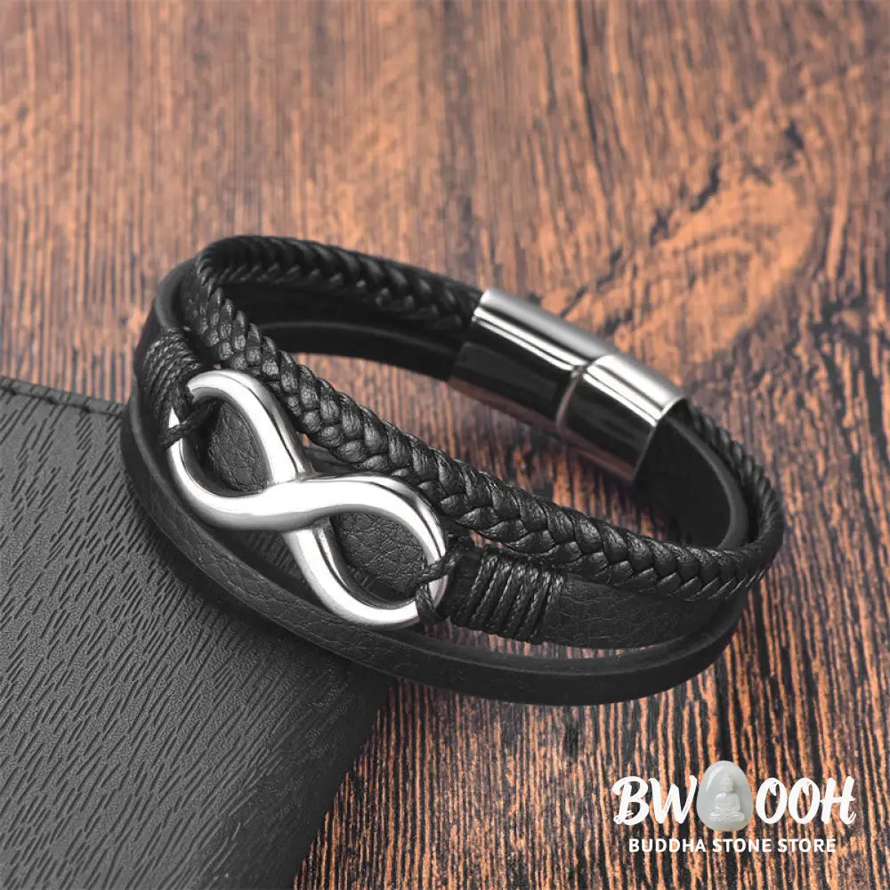 Buddha Stones Eternal Endless Knot Infinity Symbol Titanium Steel Calm Leather Buckle Bracelet - BWOOOH - Silver(Wrist
