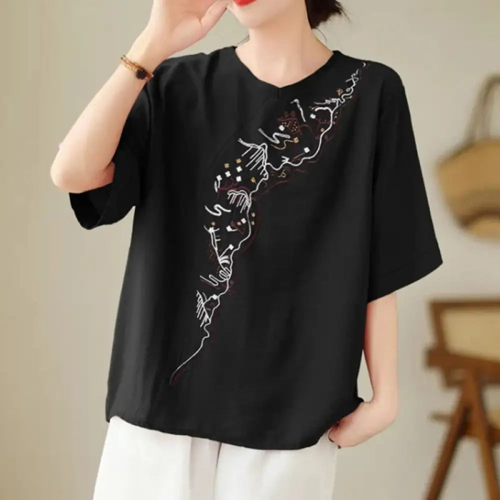 Buddha Stones Ethnic Casual Embroidered Geometry Pattern Women’s Crew Neck Design Half Sleeve T-Shirt - Black