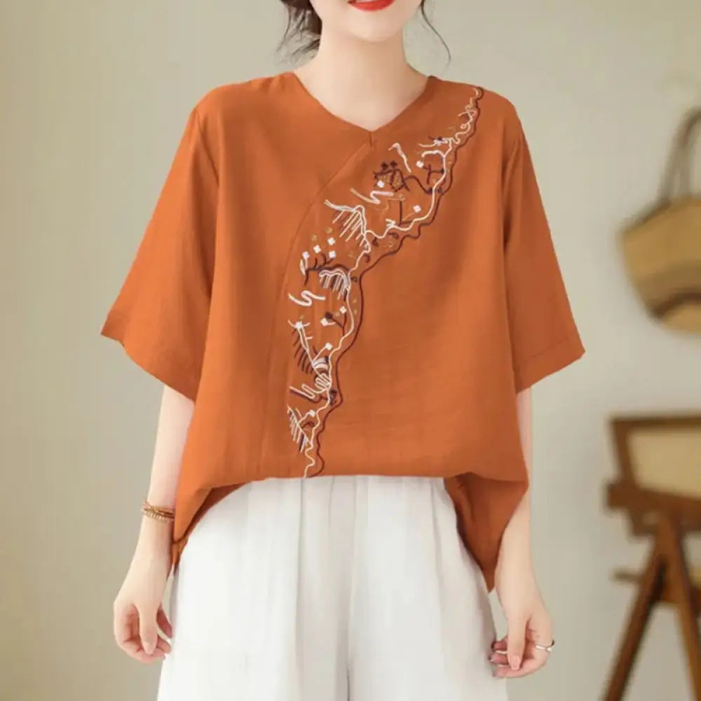 Buddha Stones Ethnic Casual Embroidered Geometry Pattern Women’s Crew Neck Design Half Sleeve T-Shirt - DarkOrange