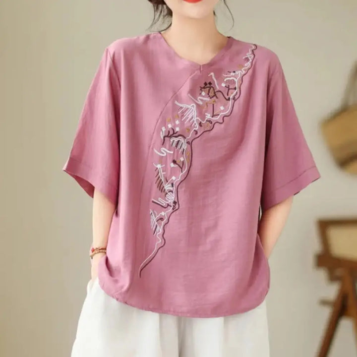 Buddha Stones Ethnic Casual Embroidered Geometry Pattern Women’s Crew Neck Design Half Sleeve T-Shirt - HotPink
