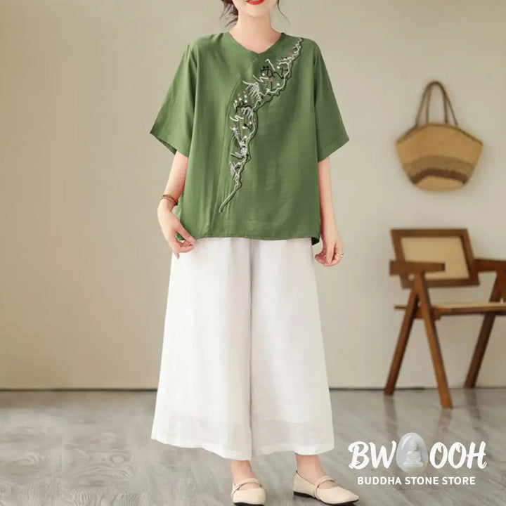 Buddha Stones Ethnic Casual Embroidered Geometry Pattern Women’s Crew Neck Design Half Sleeve T-Shirt - Women’s T-Shirts