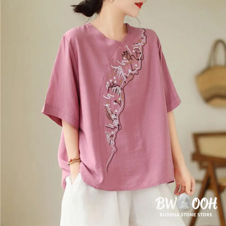 Buddha Stones Ethnic Casual Embroidered Geometry Pattern Women’s Crew Neck Design Half Sleeve T-Shirt - Women’s T-Shirts