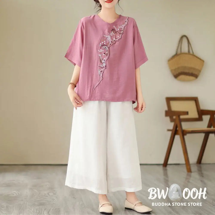 Buddha Stones Ethnic Casual Embroidered Geometry Pattern Women’s Crew Neck Design Half Sleeve T-Shirt - Women’s T-Shirts