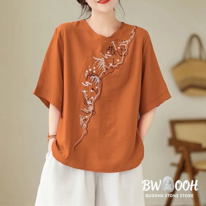 Buddha Stones Ethnic Casual Embroidered Geometry Pattern Women’s Crew Neck Design Half Sleeve T-Shirt - Women’s T-Shirts