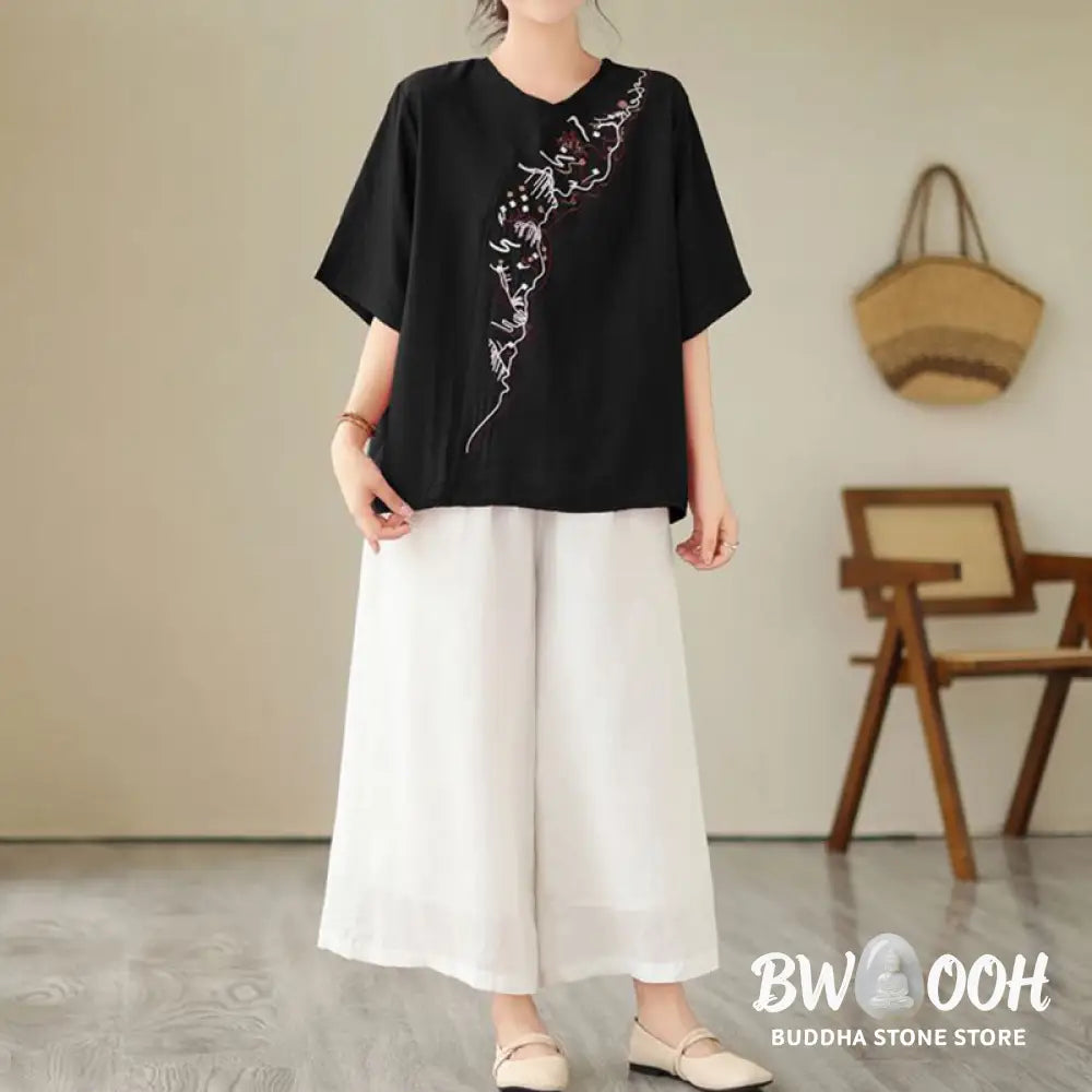 Buddha Stones Ethnic Casual Embroidered Geometry Pattern Women’s Crew Neck Design Half Sleeve T-Shirt - Women’s T-Shirts