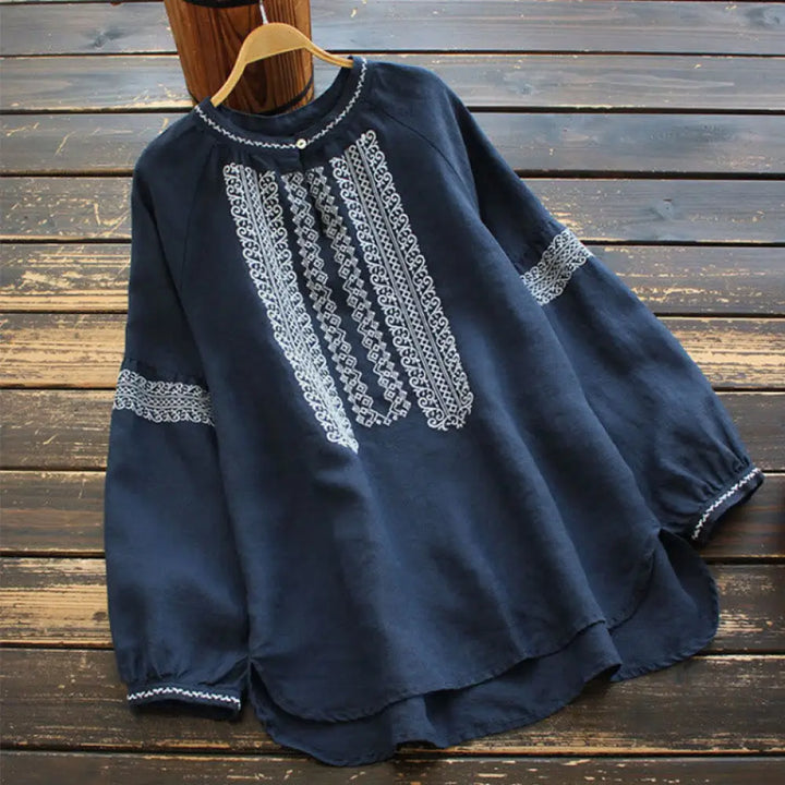 Buddha Stones Ethnic Embroidery Bohemian Pattern Long Sleeve Crew Neck Women’s Shirt - Navy / US4，UK/AU8，EU36 (L)