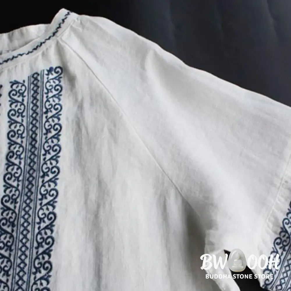 Buddha Stones Ethnic Embroidery Bohemian Pattern Long Sleeve Crew Neck Women’s Shirt - Women’s Shirts