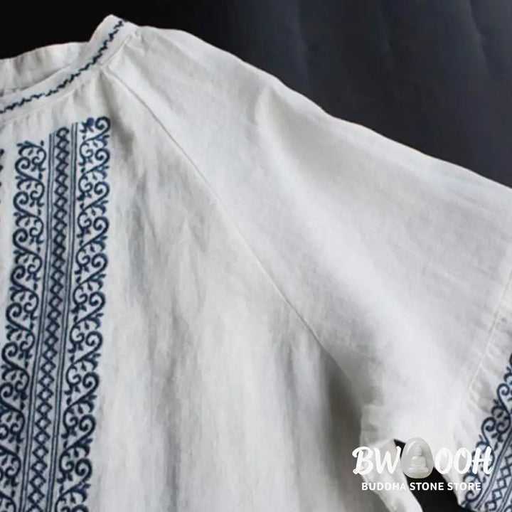 Buddha Stones Ethnic Embroidery Bohemian Pattern Long Sleeve Crew Neck Women’s Shirt - Women’s Shirts