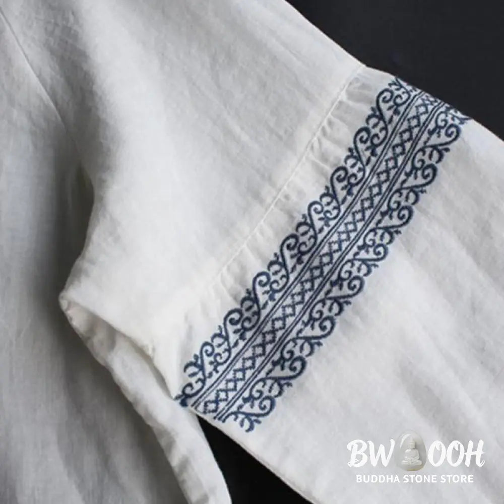 Buddha Stones Ethnic Embroidery Bohemian Pattern Long Sleeve Crew Neck Women’s Shirt - Women’s Shirts