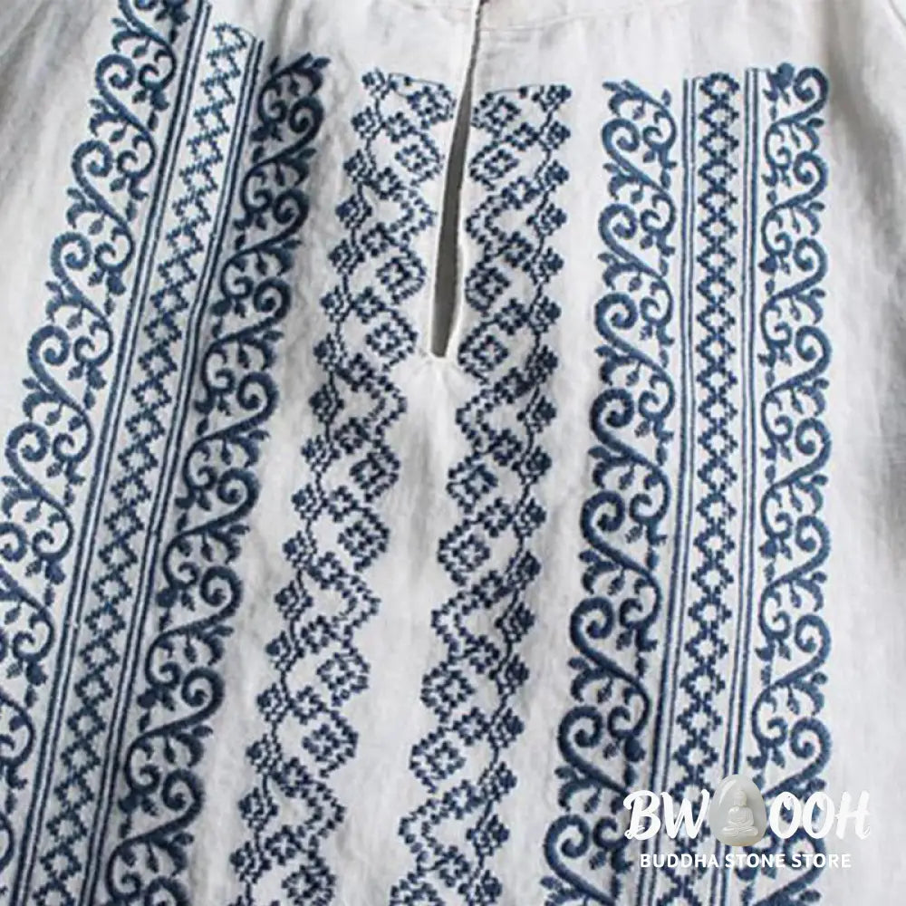 Buddha Stones Ethnic Embroidery Bohemian Pattern Long Sleeve Crew Neck Women’s Shirt - Women’s Shirts